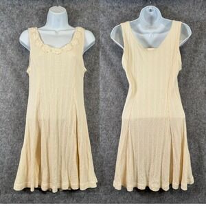 Vtg Crochet Mini Tank Knit Dress M Ivory Crochet Rosette Festival Cottagecore
